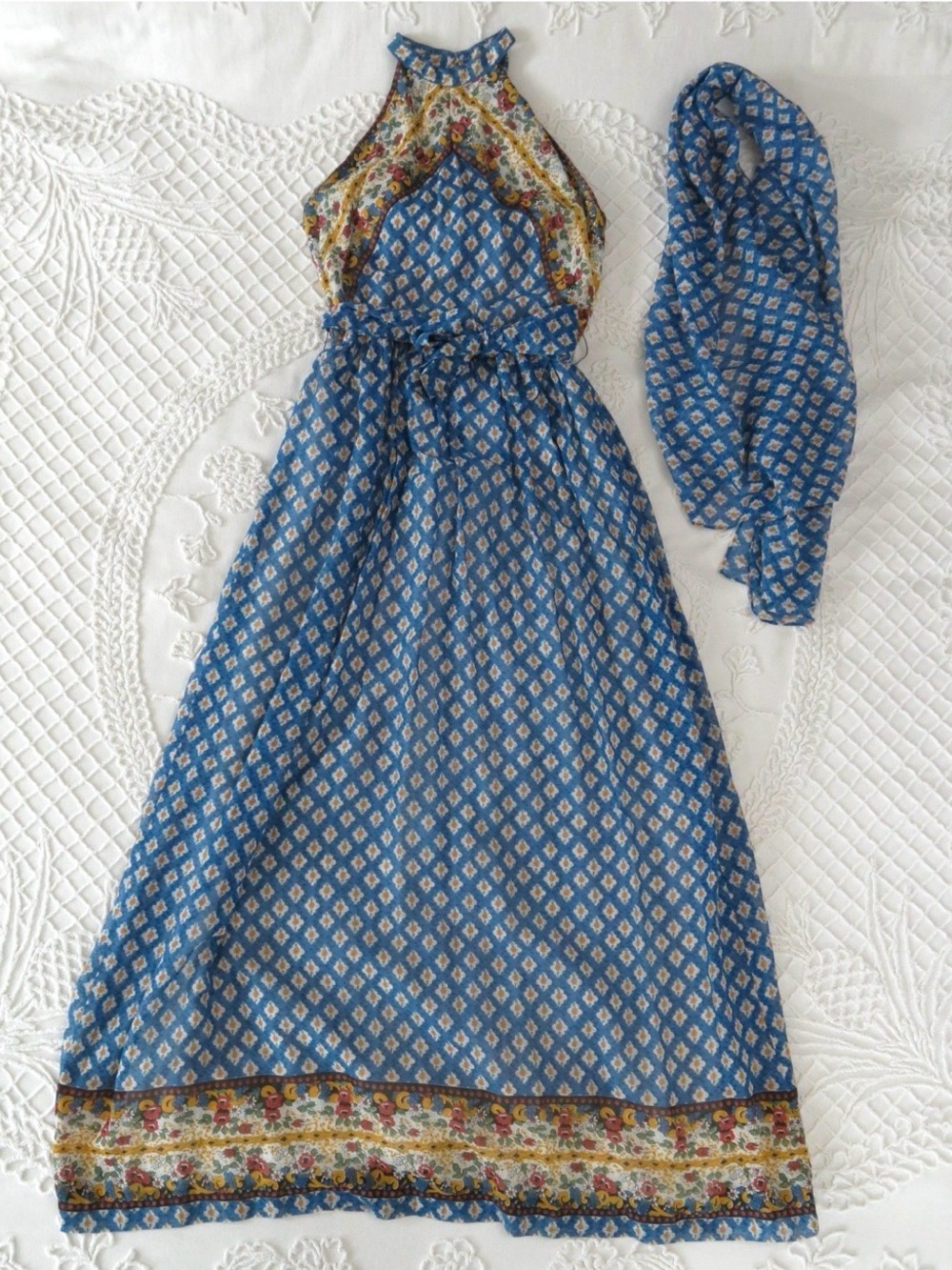 Vintage R&K Originals Blue Floral Geometric Halter Maxi Dress w/ Scarf 70s Small
